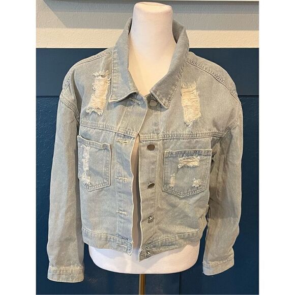 Joiemont Womens Denim Jacket with Fringe Rhinestones Long Sleeve - Picture 3 of 7